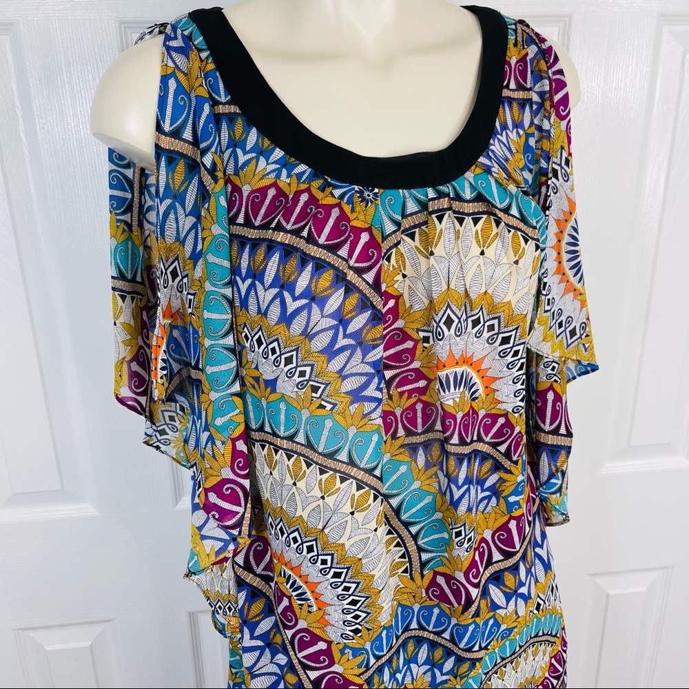 NICOLE MILLER dress blouse vibrant belted top Flowy boho sleeveless black XS - Picture 10 of 10